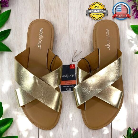 WOMEN'S SMALL (5/6) Metallic Gold Casual Flat Crossover Slide Sandals Cushioned - Picture 1 of 14